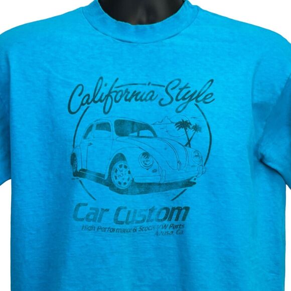 Vintage 80s Volkswagen Beetle Car Custom T Shirt VW Bug Azusa USA Blue L Large - Picture 1 of 13